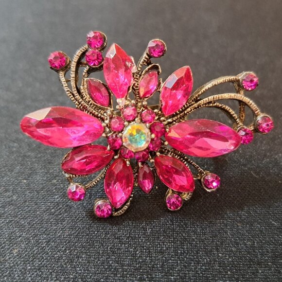 Vintage Pink Floral Cocktail Ring Adjustable Size 8-9 Silver-Tone - Picture 1 of 5